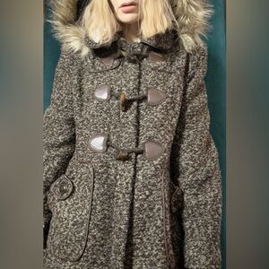 Tweed Toggle Peacoat with Fur Trimmed Hood
